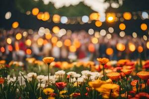 a field of flowers with people in the background. AI-Generated photo