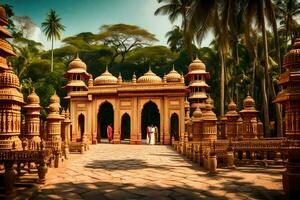 a large wooden structure with many pillars and palm trees. AI-Generated photo