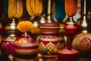 colorful and ornate items are displayed on a table. AI-Generated photo