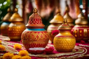 golden vases with colorful decorations on a red table. AI-Generated photo