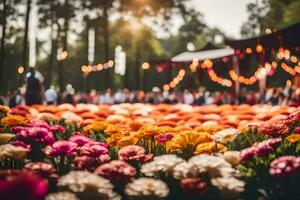 a flower field with people and flowers. AI-Generated photo