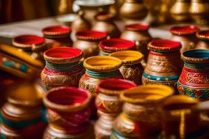 colorful vases are arranged on a table. AI-Generated photo