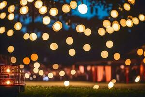 a lit lantern on the grass in front of a tree. AI-Generated photo