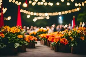 flowers in wooden boxes on a table at a wedding. AI-Generated photo