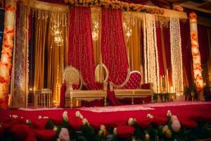 an indian wedding stage decorated with red and gold. AI-Generated photo