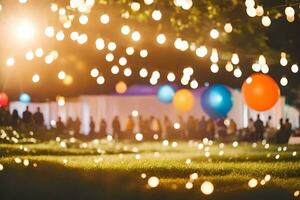 un grande grupo de personas son en pie en el césped con luces en. generado por ai foto