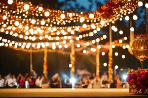 a wedding reception with lights and flowers. AI-Generated photo