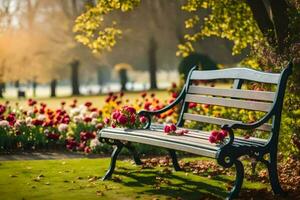 un banco en un parque con flores y arboles generado por ai foto