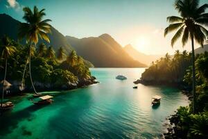 a tropical island with palm trees and boats. AI-Generated photo