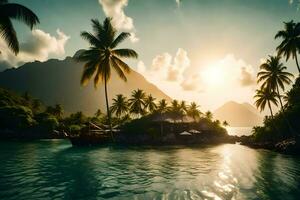 a tropical island with palm trees and a boat. AI-Generated photo