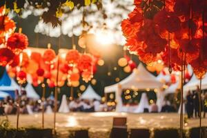 a wedding reception with red paper lanterns. AI-Generated photo