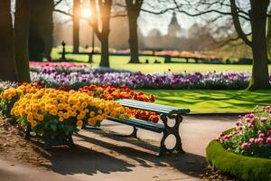 a park bench is surrounded by colorful flowers. AI-Generated photo