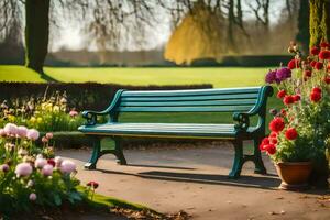 a green bench sits in a park surrounded by flowers. AI-Generated photo