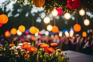 flores y papel linternas a un al aire libre evento. generado por ai foto