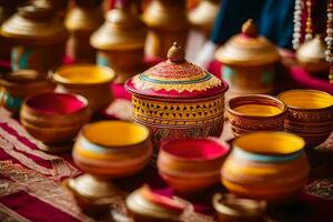 many colorful pots and bowls are on display. AI-Generated photo