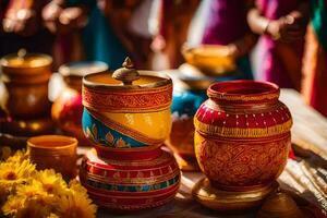 colorful pots and bowls on a table with people. AI-Generated photo