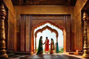 un Pareja en tradicional indio atuendo en pie en frente de un puerta. generado por ai foto