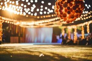 un grande pelota de naranja luces colgando desde el techo. generado por ai foto