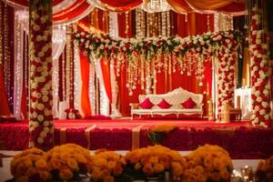 an indian wedding stage decorated with red and orange flowers. AI-Generated photo