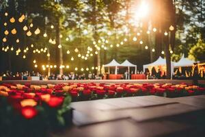 a wedding reception in the woods with string lights. AI-Generated photo