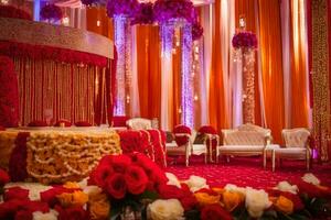 an indian wedding reception with red and orange decor. AI-Generated photo