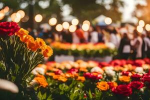 flowers in a field with people in the background. AI-Generated photo