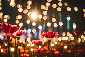 red flowers in front of a lighted background. AI-Generated photo