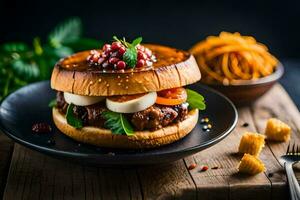 a burger with cheese, tomato and spinach on a plate. AI-Generated photo