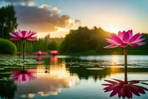 pink lotus flowers in the water at sunset. AI-Generated photo