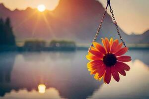 sunflower hanging from a chain over a lake. AI-Generated photo