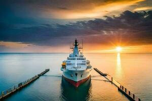 un grande Embarcacion atracado a el final de un muelle. generado por ai foto