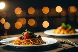 two plates of spaghetti with meat and berries on a wooden table. AI-Generated photo