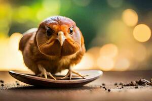 a small bird is sitting on a wooden plate. AI-Generated photo