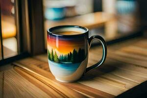 un café taza con un pintura de un bosque en él. generado por ai foto