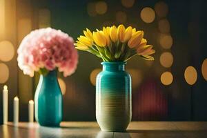 two vases with flowers in them on a table. AI-Generated photo