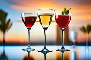 three glasses of different colored drinks on a table. AI-Generated photo