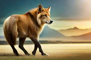 un lobo es caminando en el césped. generado por ai foto