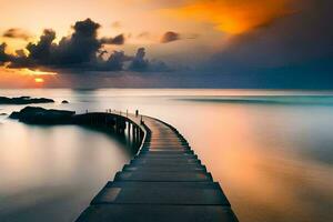 a long exposure photograph of a pier in the ocean. AI-Generated photo