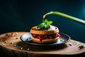 a sandwich with berries and mint on a wooden plate. AI-Generated photo