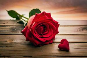un rojo Rosa y un corazón en un de madera mesa. generado por ai foto