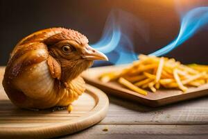 a chicken is sitting on a plate with fries. AI-Generated photo