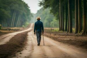 a man walking down a dirt road in the middle of a forest. AI-Generated photo