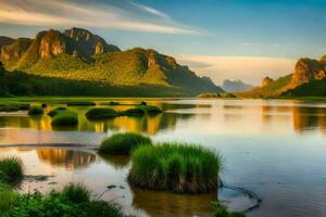 el montañas y agua son reflejado en el agua. generado por ai foto