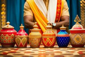 a man in an indian outfit is standing next to a row of colorful vases. AI-Generated photo
