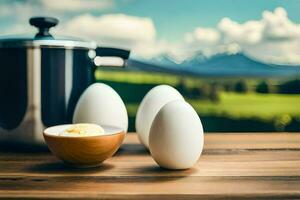 eggs on a table with a pot and a pan. AI-Generated photo