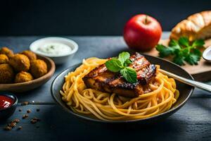 the food is served on a wooden table with a wooden spoon. AI-Generated photo