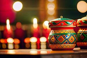 two colorful pots sitting on a table with candles in the background. AI-Generated photo