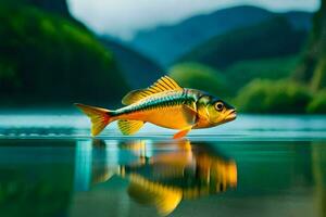 a fish is floating on the water in front of a mountain. AI-Generated photo