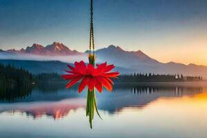 a red flower hanging from a chain over a lake. AI-Generated photo