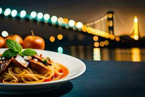 un plato de espaguetis con carne y tomate salsa en un mesa en frente de un puente. generado por ai foto